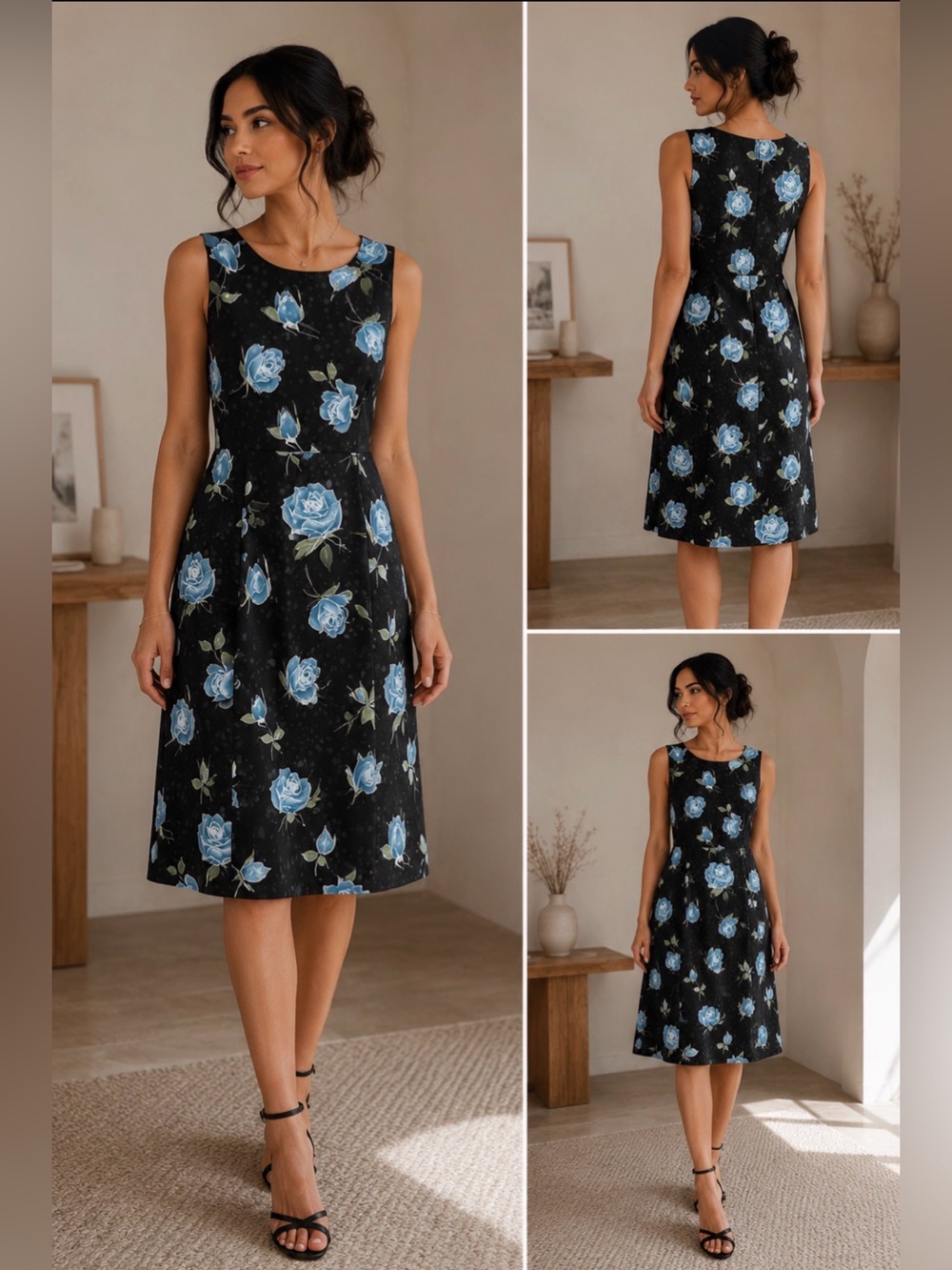 Vintage CALFLEET Blue Rose Dress – Made in Japan ✨🖤🩵💚🤍